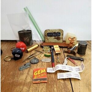 Vintage Junk Drawer Lot Pin Backs, Tins, Stamps, Trinkets, Pens, Matches & more